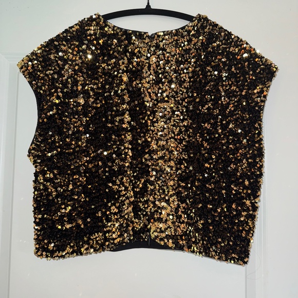 Banana Republic Alina Sequin Top Black and Gold SPECIAL! sz M - Picture 2 of 10